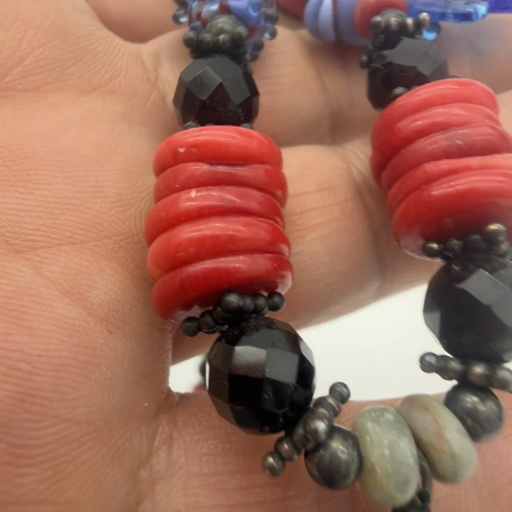 Vtg Sterling Silver Hand blow Glass Bead Necklace Fish Red Coral Y Drop Signed